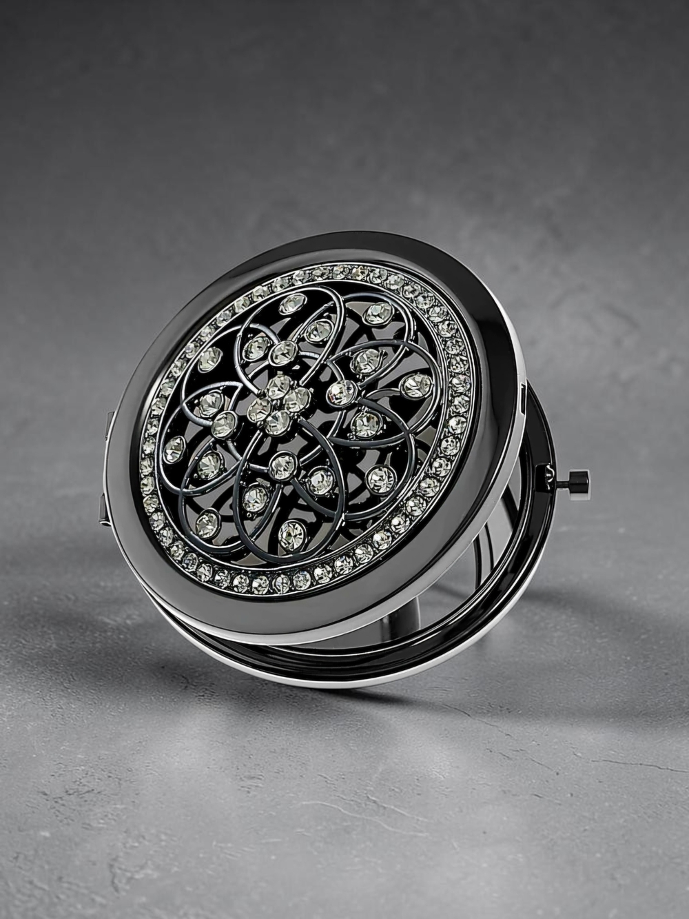 NEW Monet Jewelry Grey Tone Filagree Gray Snap Compact Mirror with Box 2.75" NWT